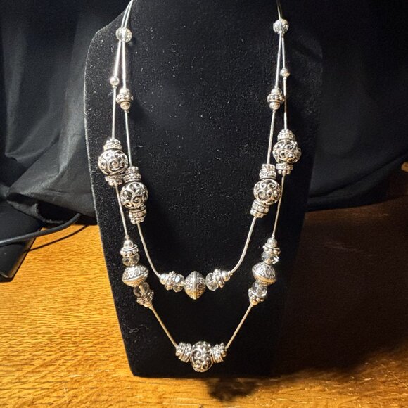 Bella Jewelry - Bella Silver-Tone Double Strand Necklace – Ornate Filigree Beads – Adjustable